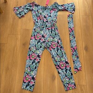 Lilly Pulitzer Calla Off-The-Shoulder Jumpsuit in High Tide Navy Pineapple - M